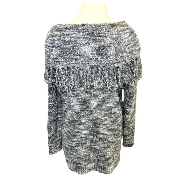 Ruby RD Gray White Knit Sweater Fuzzy Loops Fringed Cowl Neck Long Sleeves Sz M - Picture 2 of 11